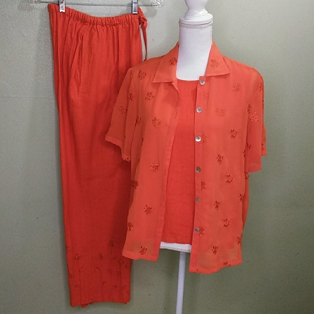 3 Piece Linen Blend Orange Pants Outfit M NWOT